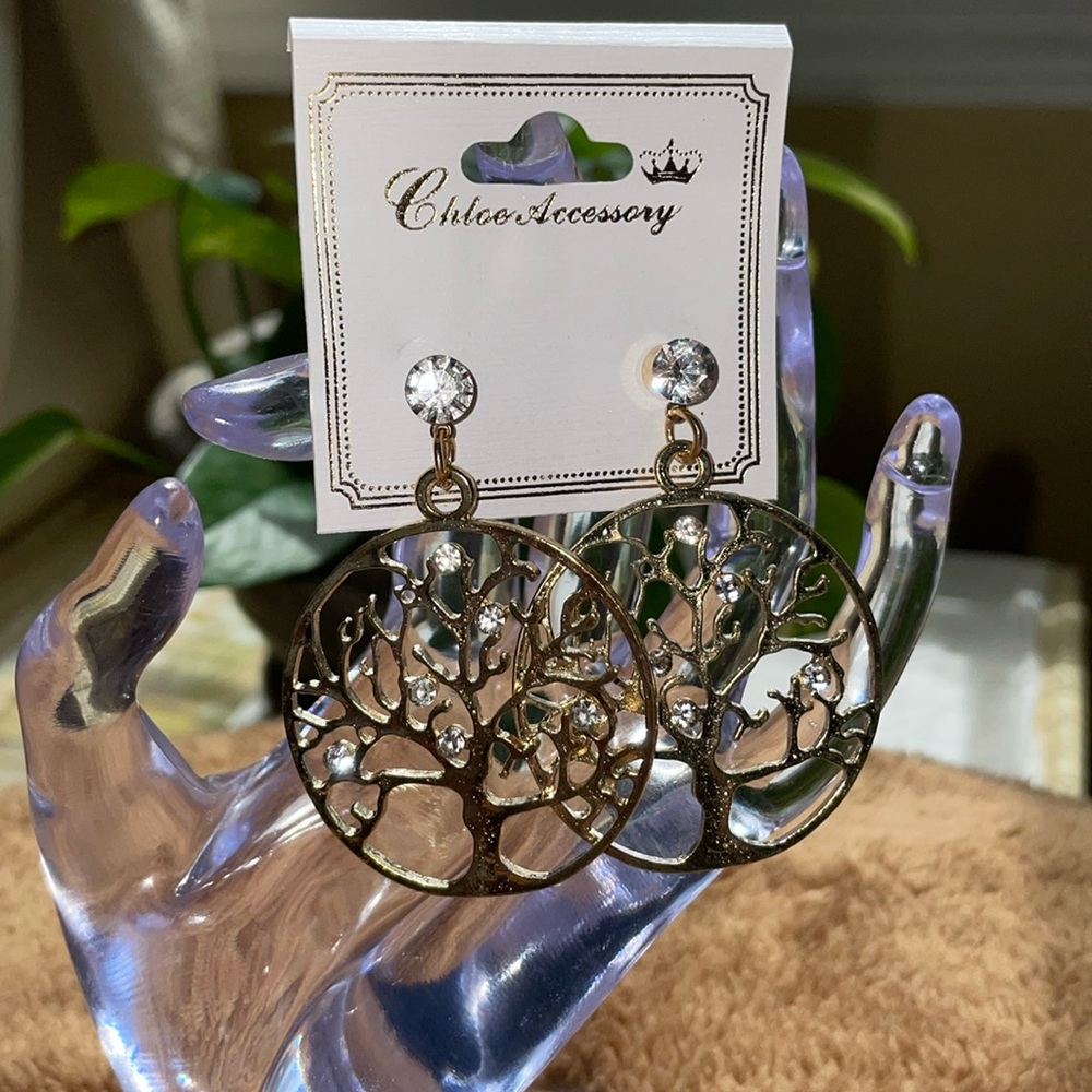 Tree of Life earrings. Gold tone and bejeweled.